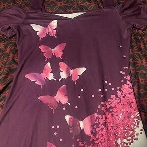 Women’s Purple Butterfly Print Cold-Shoulder Top